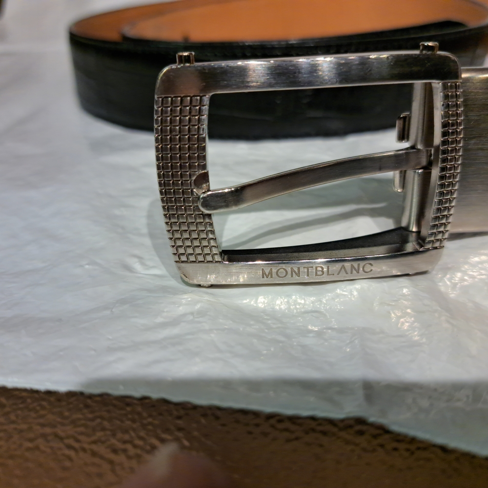 Montblanc Black Leather Belt with Silver Buckle